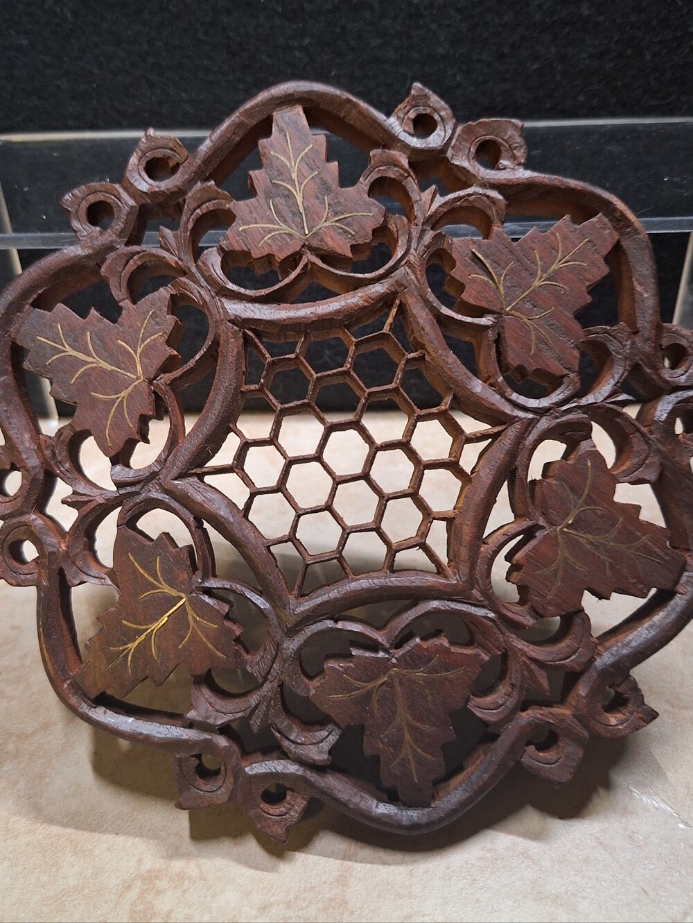 Boho Hand Carved Wood Trivet Plant Stand Hot Pad Floral Inlaid India Lot (3) VTG - Picture 4 of 11